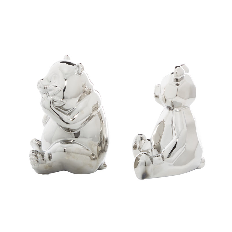 Silver Porcelain Bear Sculptures Set of 2, 8" and 7"