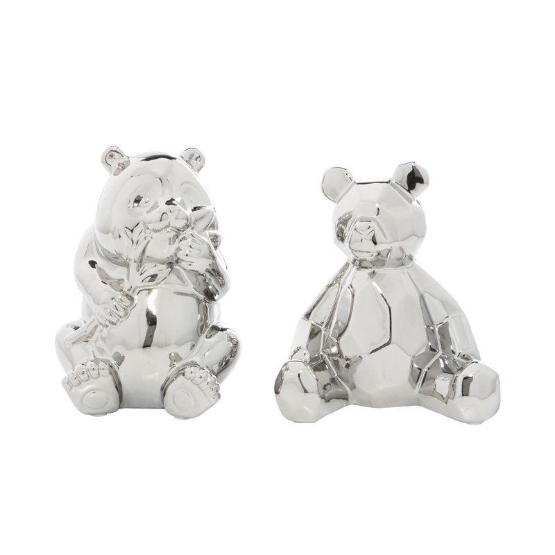 Silver Porcelain Bear Sculptures Set of 2, 8" and 7"