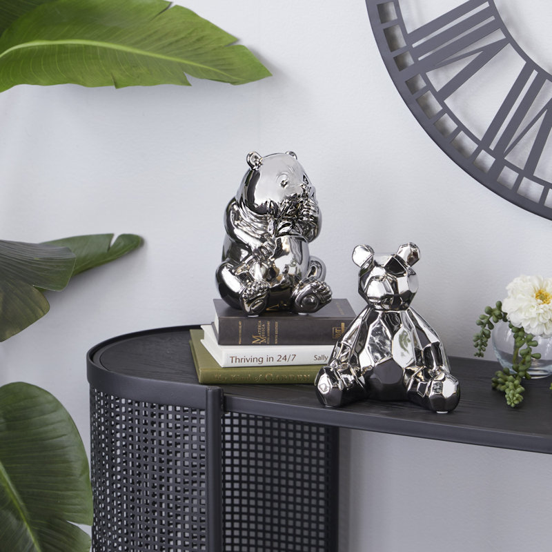 Silver Porcelain Bear Sculptures Set of 2, 8" and 7"