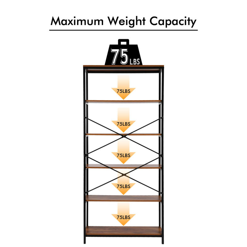 Black and Brown 6-Tier Iron and Wood Bookcase Set