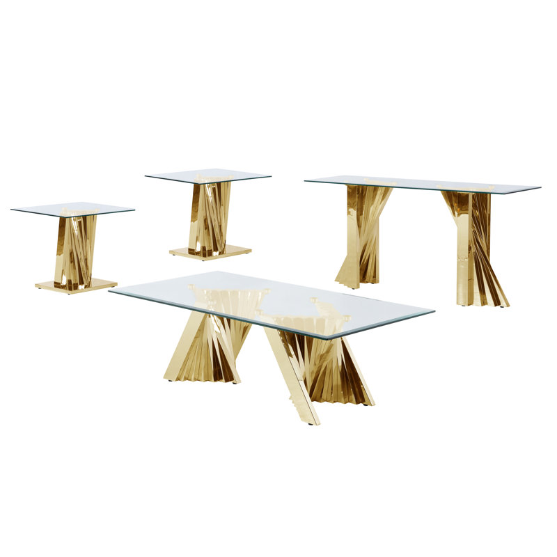 Elegant Gold Spiral 4-Piece Glass Top Table Set for Living Room