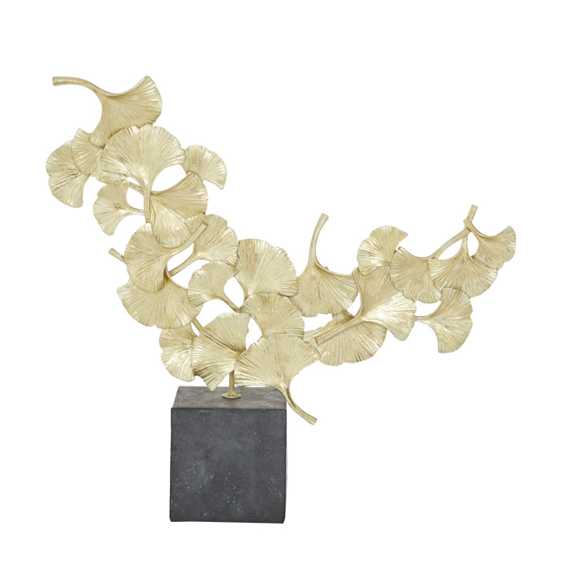 Gold Resin Floral Sculpture with Black Base, 17" Height