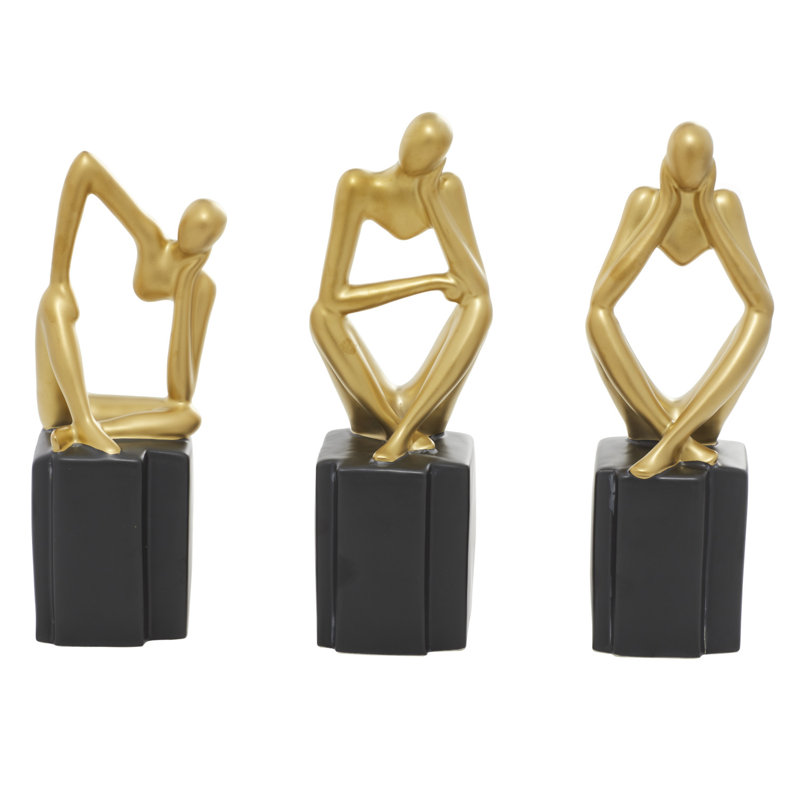 Gold Porcelain Sitting Thinker Trio Sculptures 4"W, 13"H
