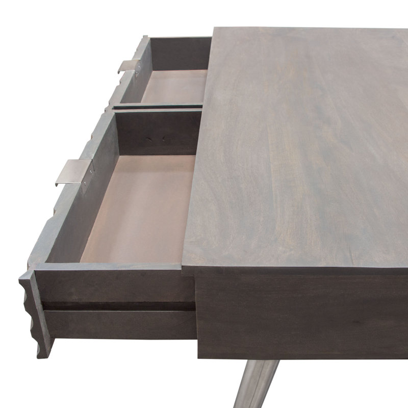 Petra Solid Mango Wood Desk with Nickel Accents, Smoke Grey