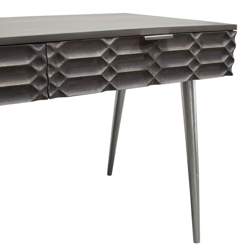 Petra Solid Mango Wood Desk with Nickel Accents, Smoke Grey