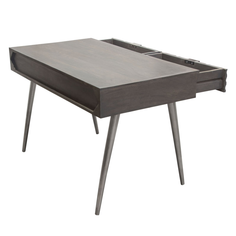 Petra Solid Mango Wood Desk with Nickel Accents, Smoke Grey
