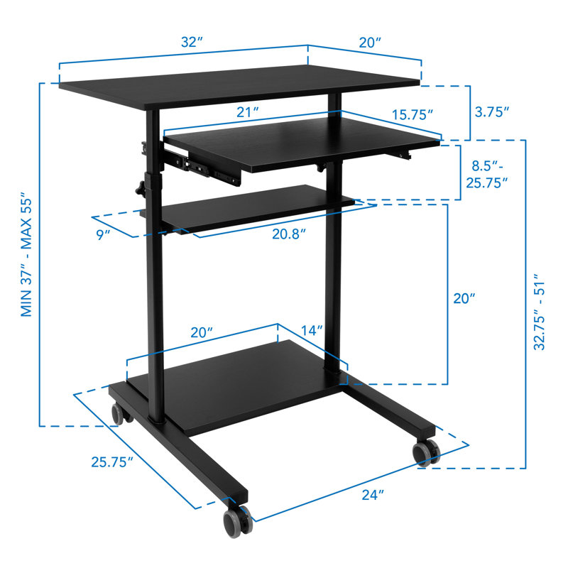 Adjustable 32" Black Wood Mobile Sit/Stand Desk with Keyboard Tray