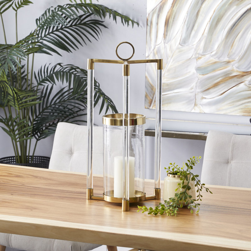 Large Gold and Clear Stainless Steel Hurricane Lantern