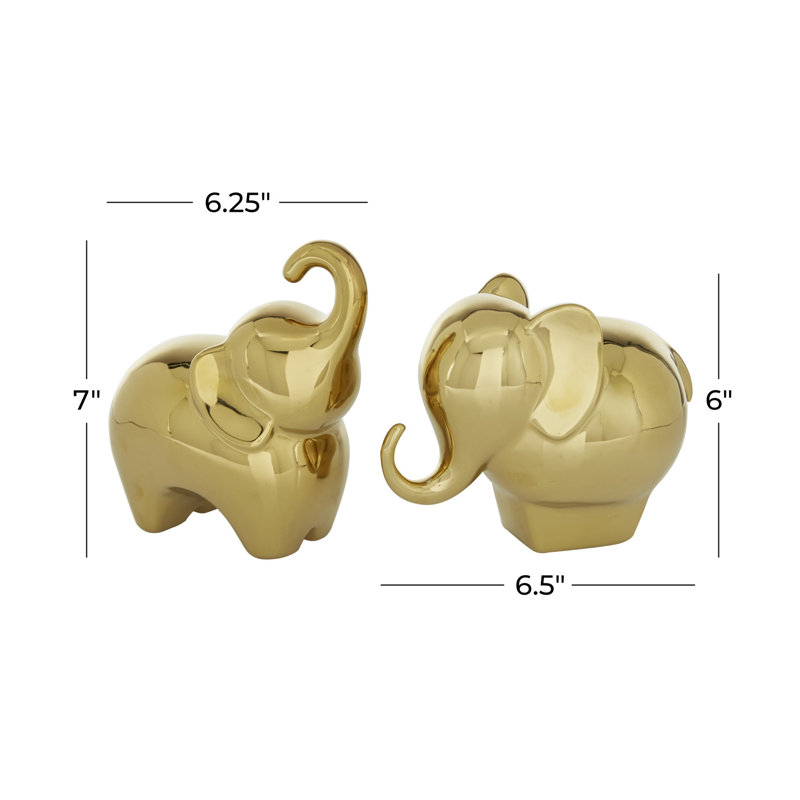 Gold Porcelain Elephant Statue Set, 6" and 7" Heights
