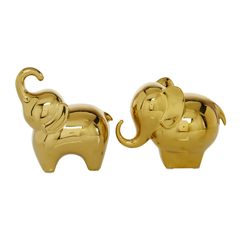 Gold Porcelain Elephant Statue Set, 6" and 7" Heights