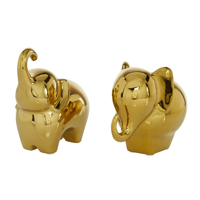 Gold Porcelain Elephant Statue Set, 6" and 7" Heights