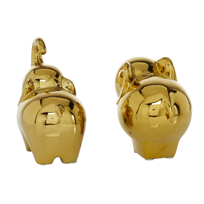Gold Porcelain Elephant Statue Set, 6" and 7" Heights