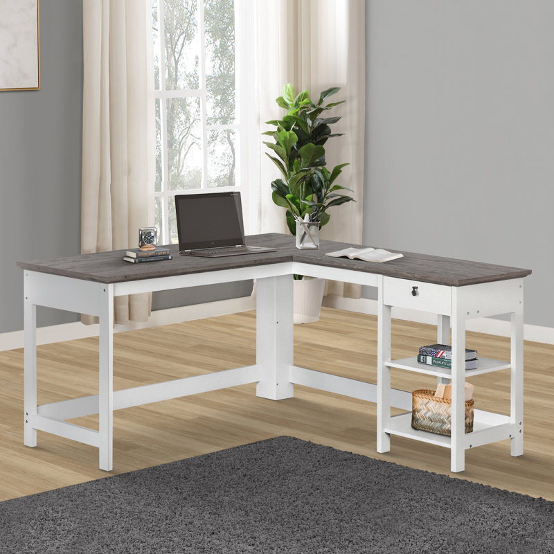 Finley White and Gray Oak L-Shaped Writing Desk with Drawer
