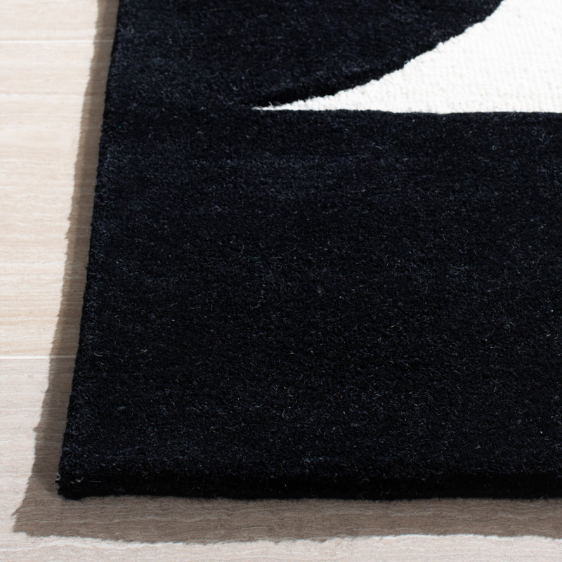 Ivory and Black Geometric Hand-Tufted Wool Square Rug