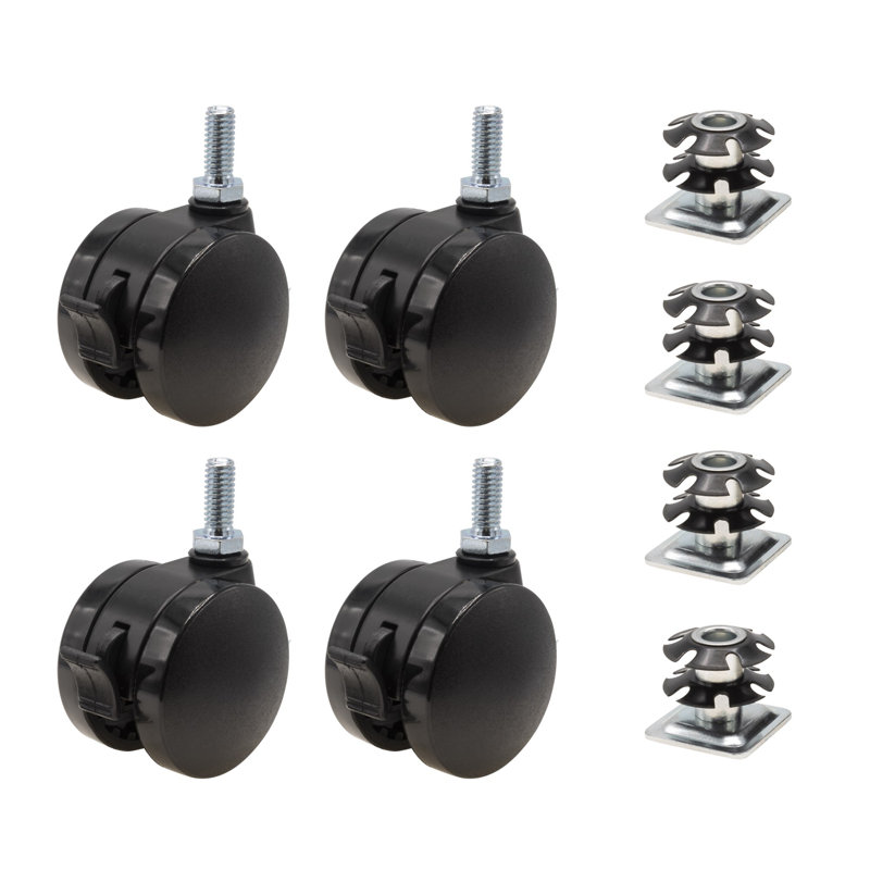 2-Inch Black Rubber Twin Wheel Swivel Brake Casters with Stem