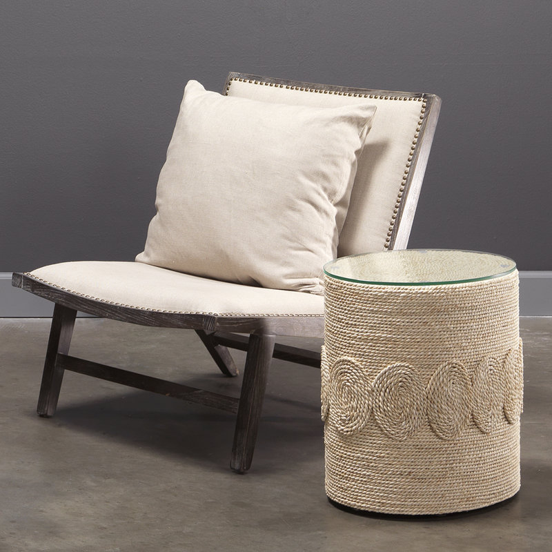 Hand-Woven Corn Straw Round Side Table with Glass Top