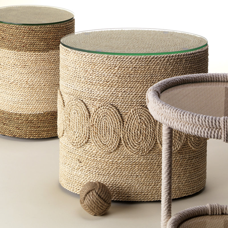 Hand-Woven Corn Straw Round Side Table with Glass Top