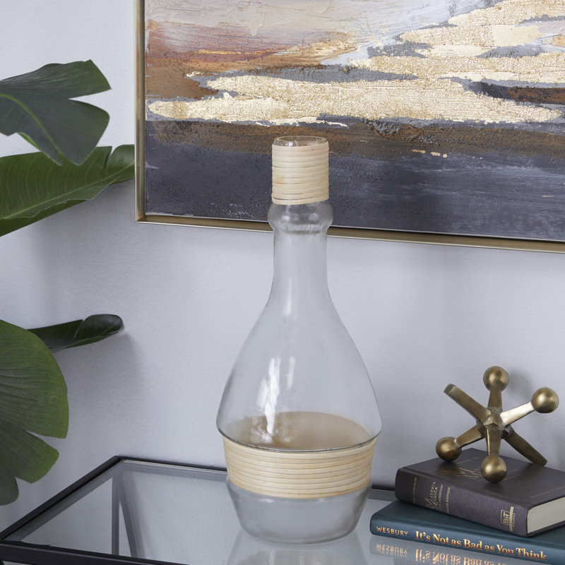 Coastal Clear Glass Vase with Rattan Detail, 16" Height