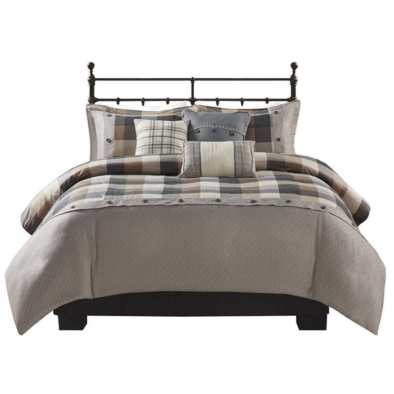 King/California King Neutral Herringbone Plaid Duvet Cover Set