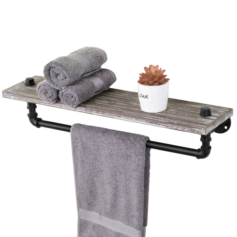 Rustic Torched Wood Wall Shelf with Black Metal Towel Bar