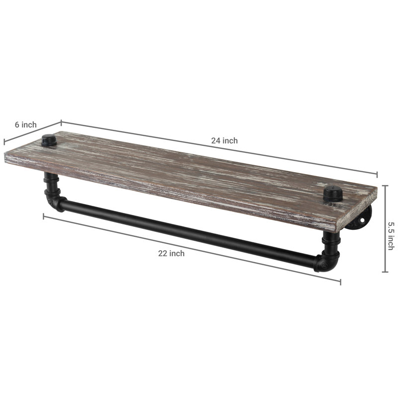Rustic Torched Wood Wall Shelf with Black Metal Towel Bar