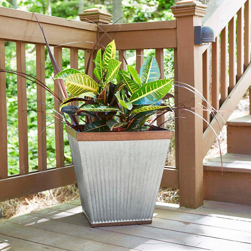Rustic Galvanized Resin 16" Square Garden Planter, Weathered Finish