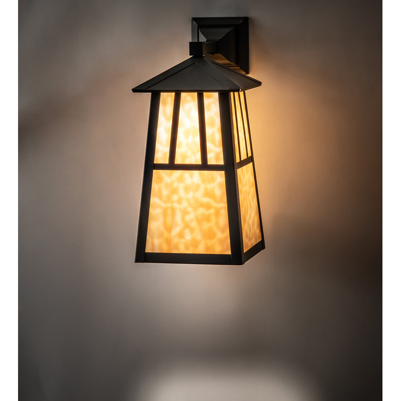 Craftsman Brown 1-Light Dimmable Sconce with Beige Glass Shade