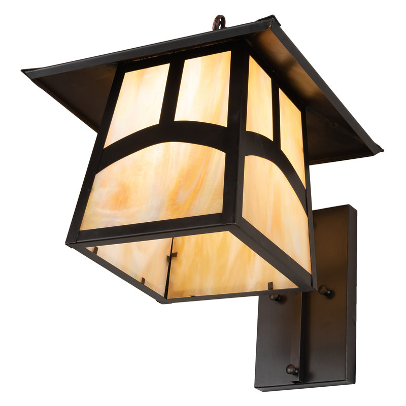 Craftsman Brown Solid Brass Moose Lantern Sconce with Beige Glass