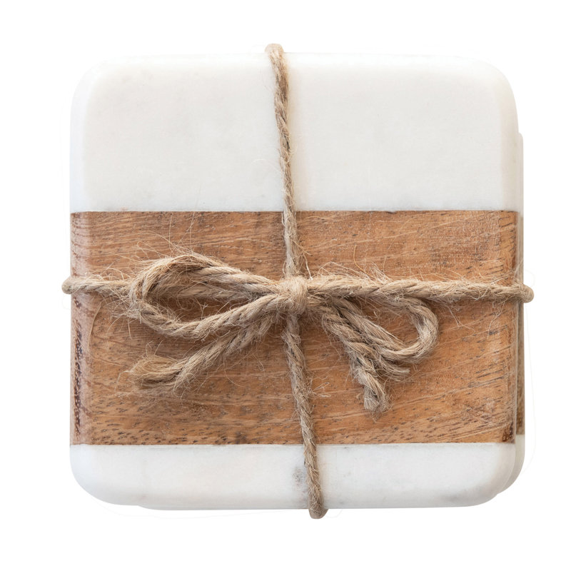 White and Natural Marble Acacia Wood Coasters, Set of 4