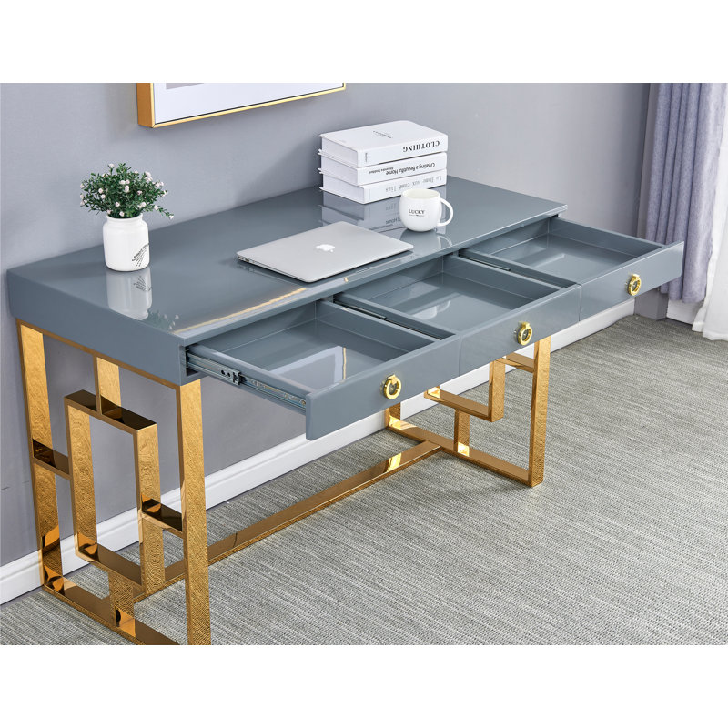 Luxe White High Gloss 47" Writing Desk with Stainless Steel Frame & Drawers