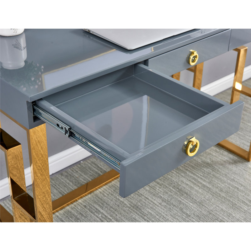 Gray and Gold Wood Writing Desk with Drawers