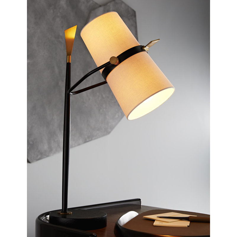 Yasmin Adjustable Black Iron Desk Lamp with Off-White Linen Shade