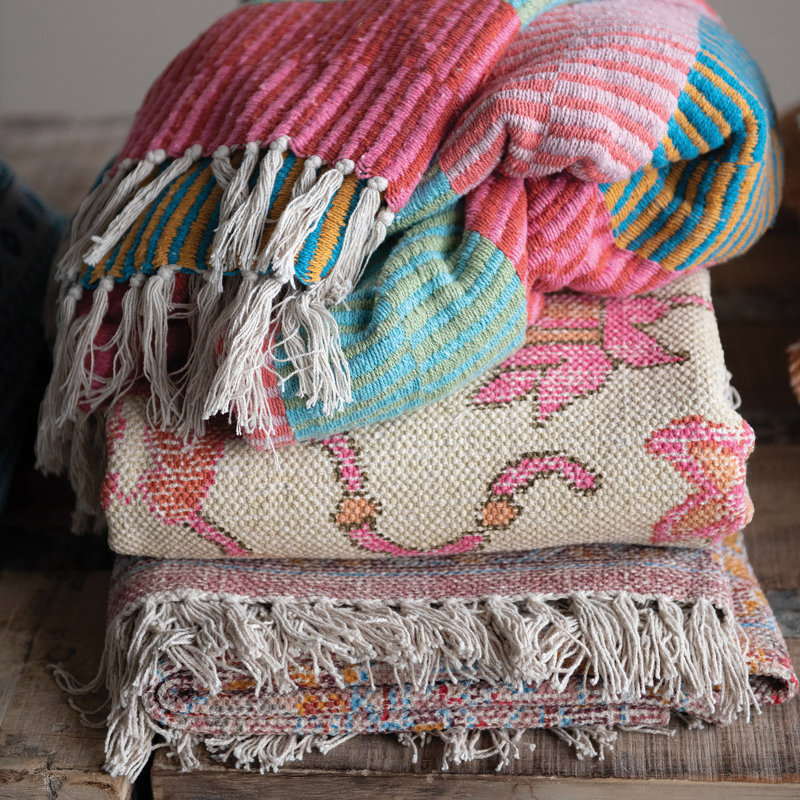 Multicolor Reclaimed Cotton Blend Striped Throw Blanket with Fringe
