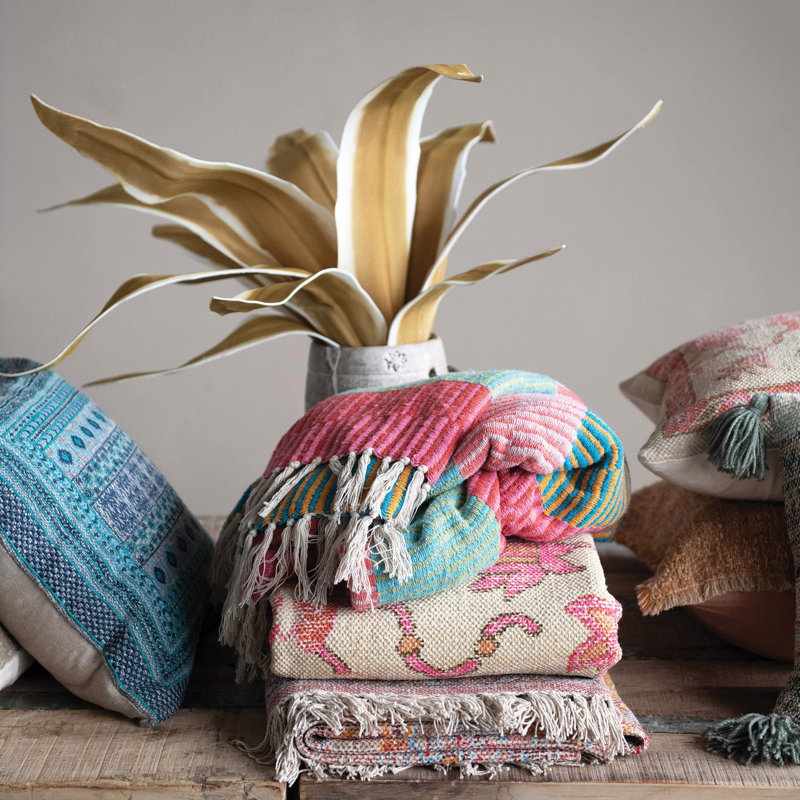 Multicolor Reclaimed Cotton Blend Striped Throw Blanket with Fringe