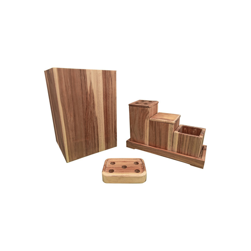 Eleganto 9-Piece Solid Teak Bathroom Accessory Set with Natural Finish