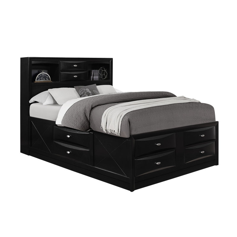 Black Veneer King Bed with Bookcase Headboard and Storage Drawers