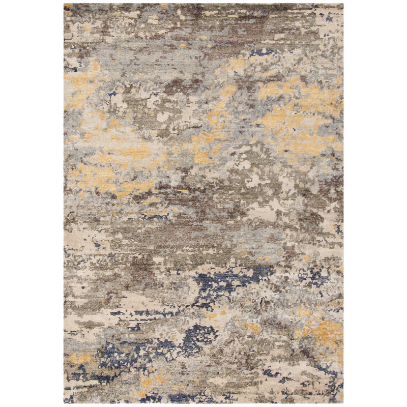 Gray and Gold Hand-Knotted Abstract Wool Rug, 6' x 9'