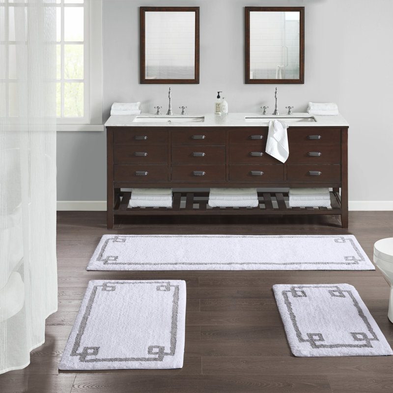White and Gray Cotton Tufted Bath Rug with Geometric Border