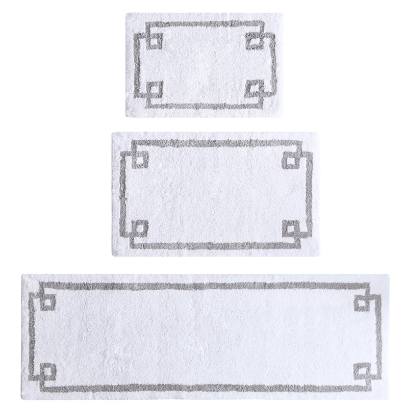 White and Gray Cotton Tufted Bath Rug with Geometric Border