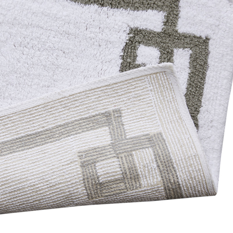 White and Gray Cotton Tufted Bath Rug with Geometric Border