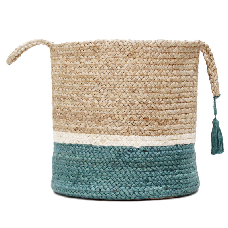 Teal and Natural Jute Color Block Round Storage Basket 17"