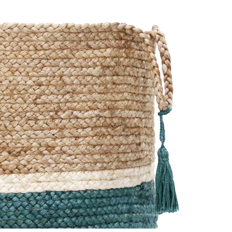 Teal and Natural Jute Color Block Round Storage Basket 17"