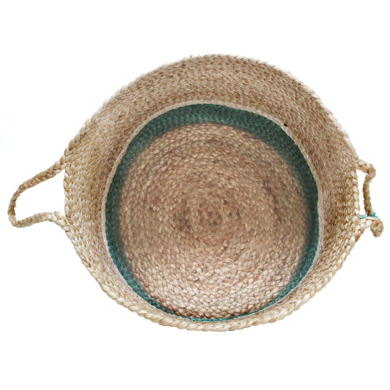 Teal and Natural Jute Color Block Round Storage Basket 17"