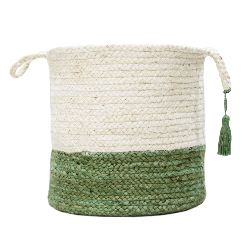 Eco-Friendly Cream & Moss Green Jute Round Storage Basket - 17"