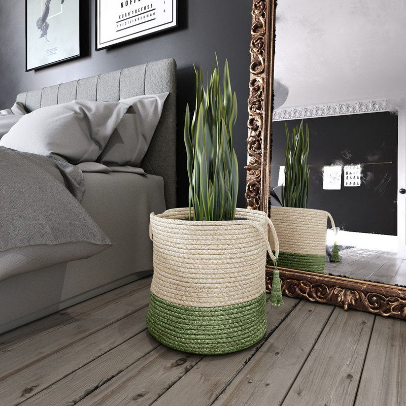 Eco-Friendly Cream & Moss Green Jute Round Storage Basket - 17"