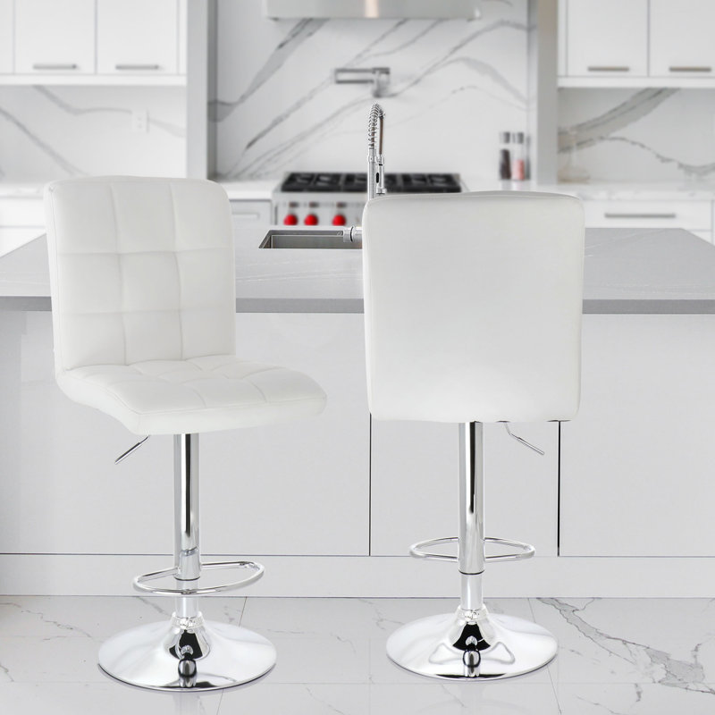 Elama White Square Tufted Faux Leather Adjustable Swivel Bar Stool