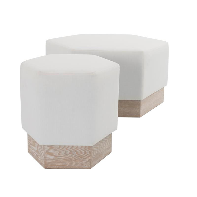 Contemporary Cerused Oak and White Linen Round Ottoman