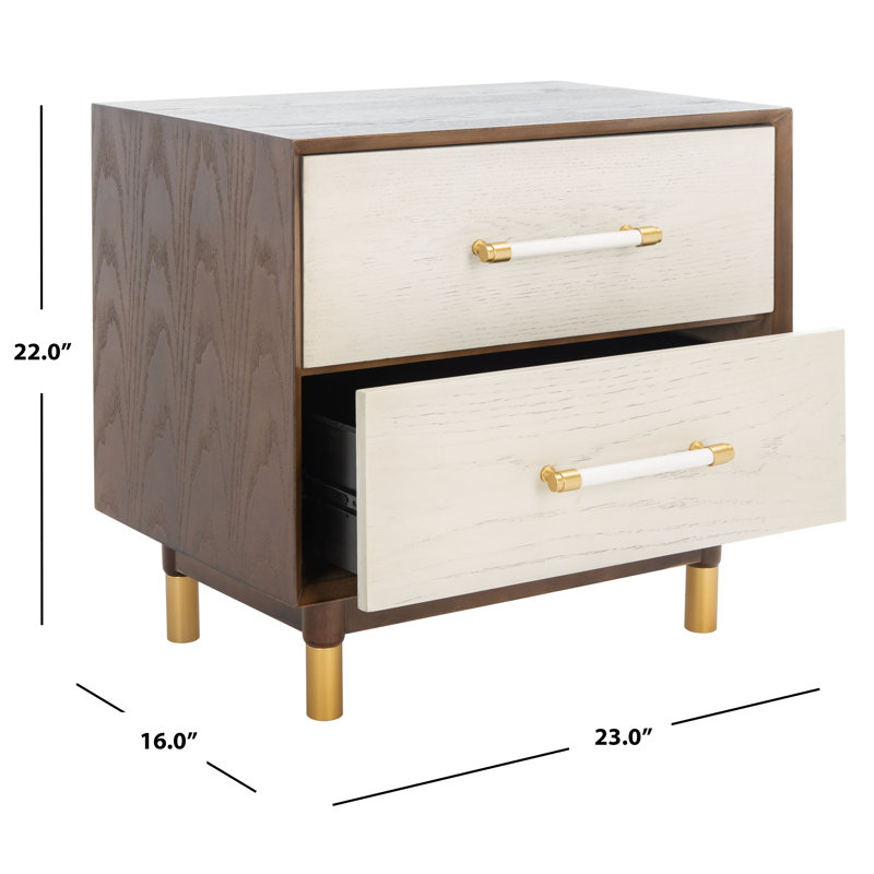 Retro Rustic Walnut/White Washed 2 Drawer Nightstand with Brass Accents