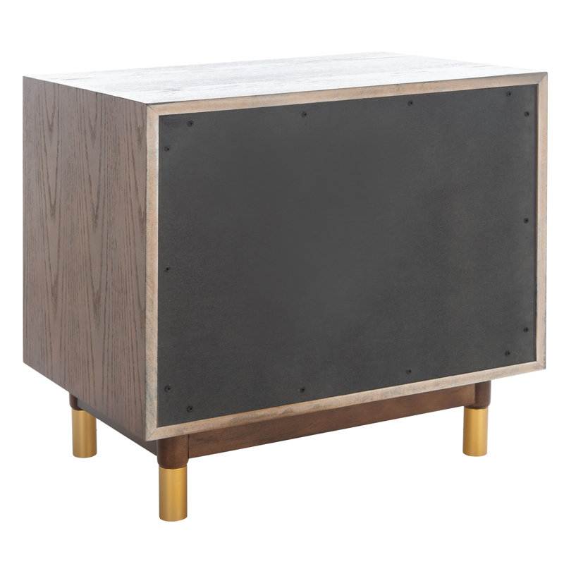 Retro Rustic Walnut/White Washed 2 Drawer Nightstand with Brass Accents