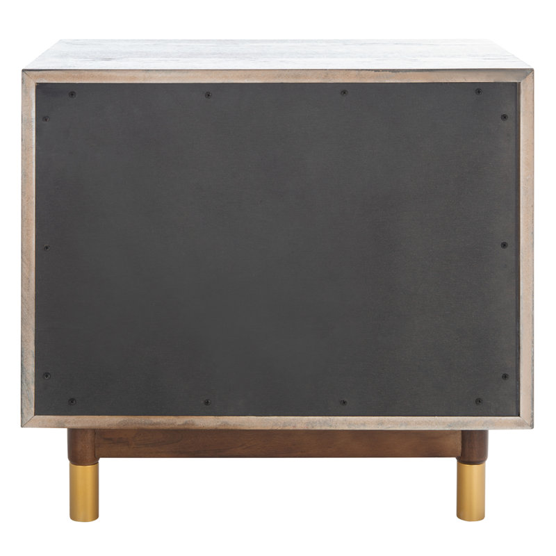 Retro Rustic Walnut/White Washed 2 Drawer Nightstand with Brass Accents